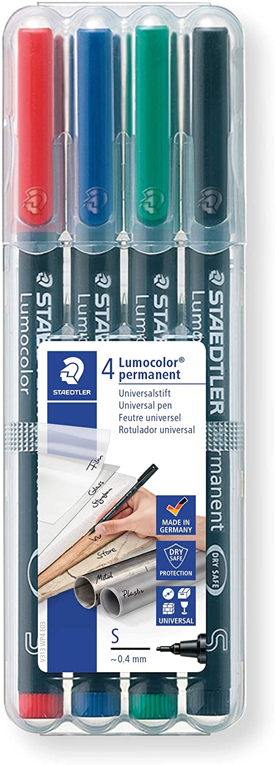 STAEDTLER 313 WP4 Lumocolor Permanent Pen, Superfine Line Width, 0.4mm, Assorted Colours (Pack of 4), Black, Blue, Red, Green