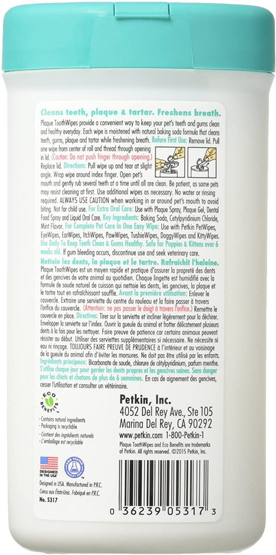 Petkin Plaque Toothwipes, Fresh Mint, 40 Wipes - Natural Formula Cleans Teeth, Gums & Freshens Breath - Safe, Convenient, & Easy to Use Oral Care Dental Pet Wipes for Dogs, Cats, Puppies & Kittens - Image 2