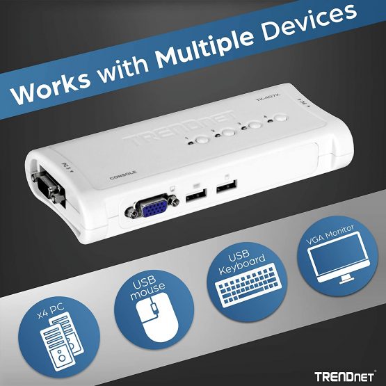 TRENDnet 4-Port USB KVM Switch Kit, VGA and USB Connections, 2048 x 1536 Resolution, Cabling Included, Control Up to 4 Computers, Compliant with Window, Linux, and Mac OS, White, TK-407K - Image 3