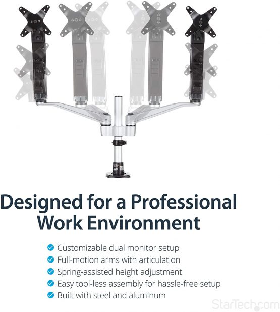 StarTech Desk Mount Dual Monitor Arm - Articulating - Supports VESA Monitors 12'' to 30'' - Adjustable - Grommet / Desk Mount - Premium - Silver (ARMDUAL30) - Image 3