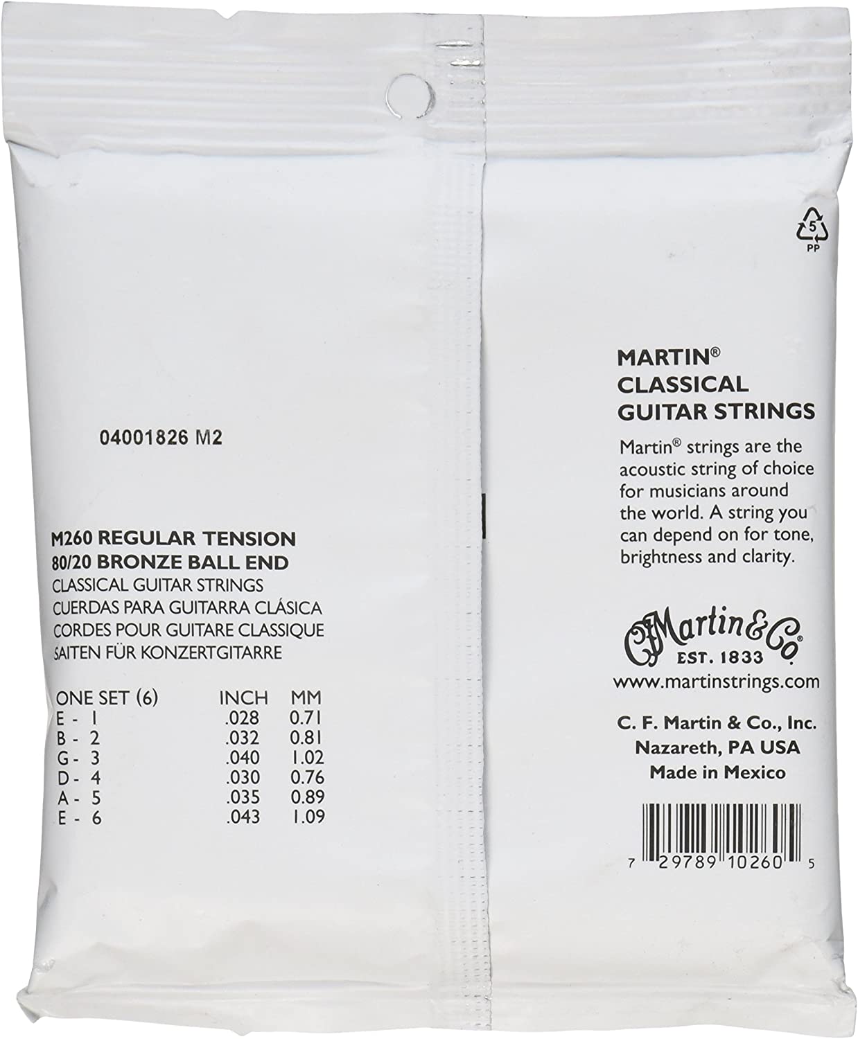 Martin Guitar Classical M260, Nylon Normal Tension 80/20 Bronze Ball End Acoustic Guitar Strings 1 Pack, Silver - Image 2