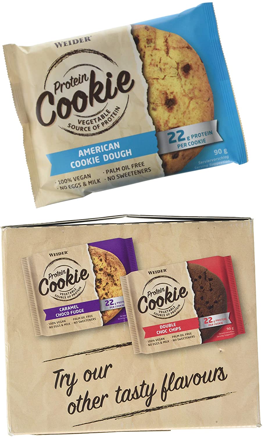 WEIDER Vegan Protein Cookie 90g, All American Cookie Dough, box of 12 delicious baked protein cookies, fitness snack - Image 2