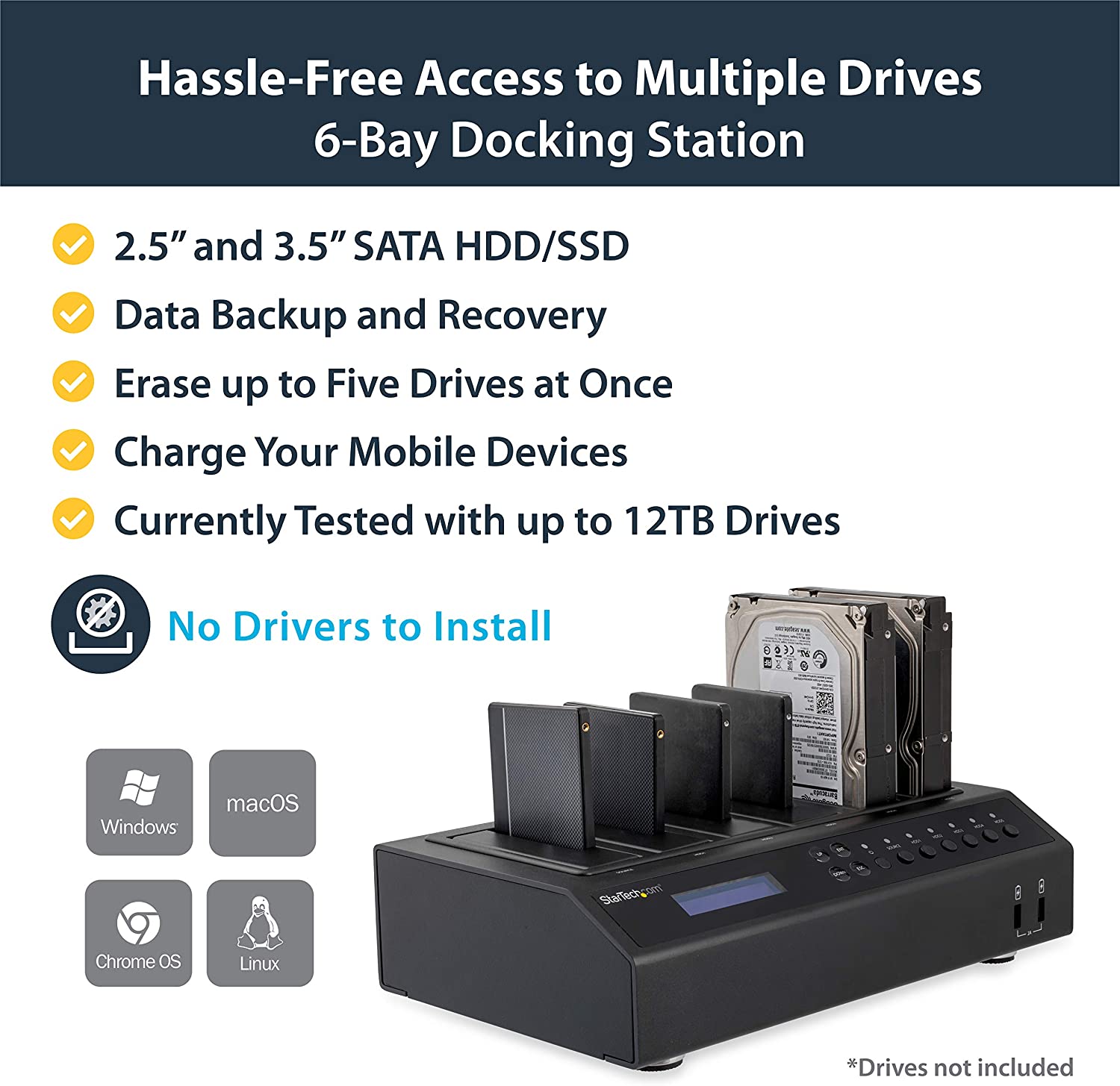 StarTech 6 Bay USB 3.0/ eSATA Duplicator and Eraser Dock for 2.5" & 3.5" SATA SSD HDD - 1:5 Standalone Cloner & Wiper Docking Station (SATDOCK5U3ER) - Image 2
