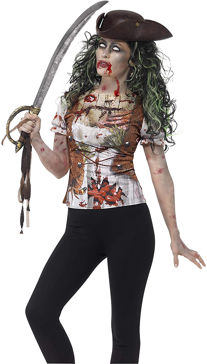 Smiffys Zombie Pirate Wench T-Shirt, Green with Sublimation Print, Halloween Zombie Alley Fancy Dress, Pirate Dress Up Costumes