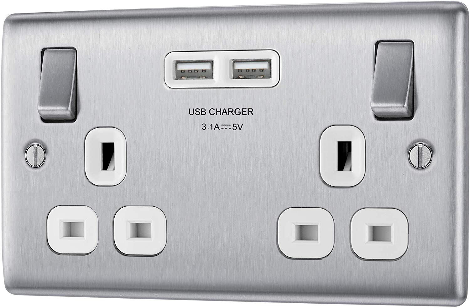 BG Electrical Double Switched Fast Power Socket with Two USB Charging Ports, Brushed Steel, label ‘1’ - Image 2