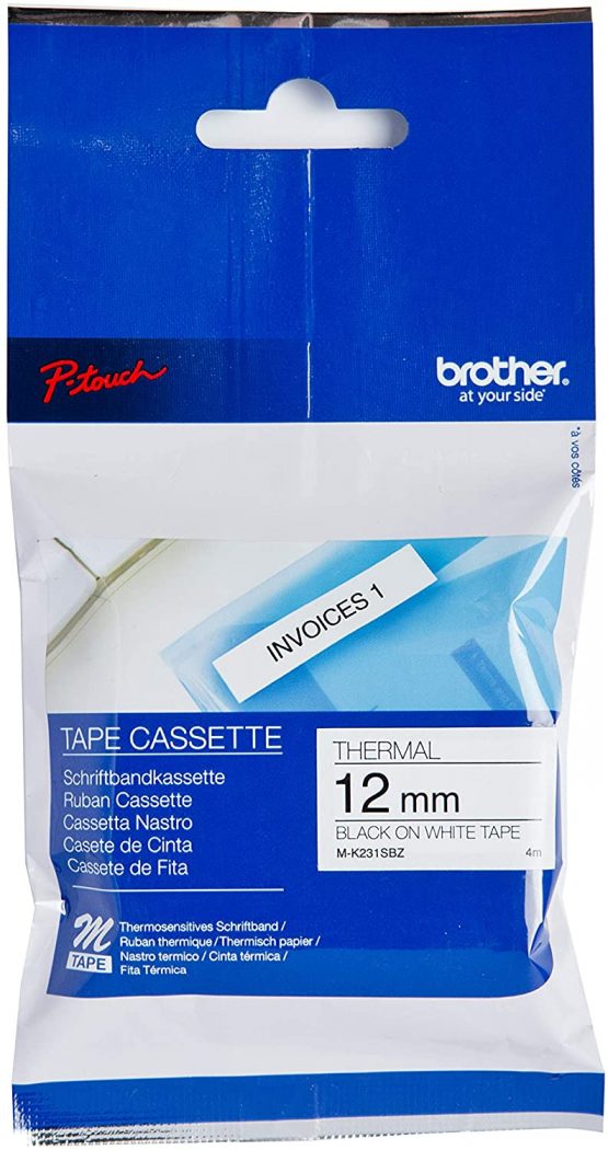 Brother M-K231SBZ Labelling Tape Cassette, Black on White, 12 mm (W) x 4 m (L), Brother Genuine Supplies