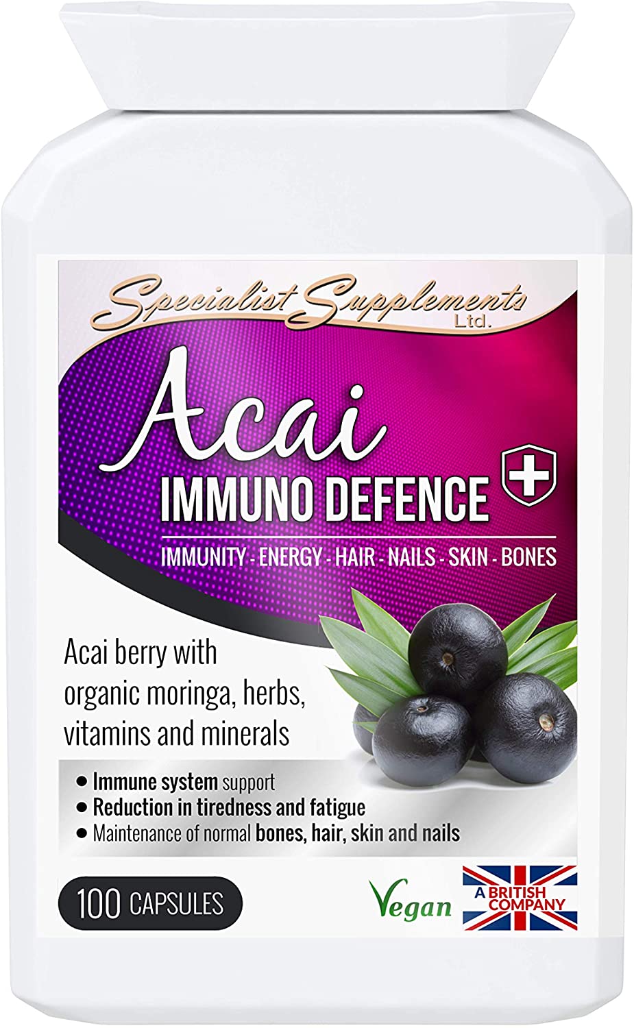 Specialist Supplements Acai Immuno Defence with Resveratrol, Vitamins and Minerals, 100 Capsules, Purple