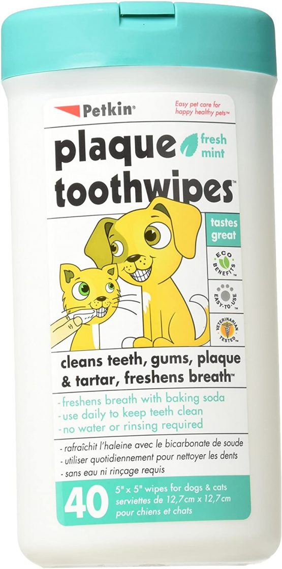 Petkin Plaque Toothwipes, Fresh Mint, 40 Wipes - Natural Formula Cleans Teeth, Gums & Freshens Breath - Safe, Convenient, & Easy to Use Oral Care Dental Pet Wipes for Dogs, Cats, Puppies & Kittens
