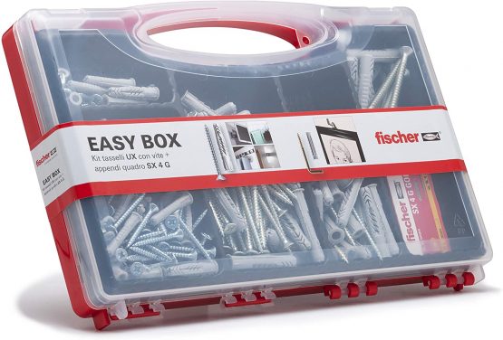 Fischer 513433 Kit Easy Box dowels and Assorted Screws for Fixing on Solid Masonry, Grey, Set of 136 Pieces