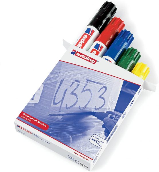 edding 800 Permanent Marker - Multi-Coloured - 5 Pens - Chisel Tip 4-12 mm - for Bold Markings - Waterproof, Quick-Drying, Smear-Proof Pens - for Cardboard, Plastic, Wood, Metal, Glass and Fabric
