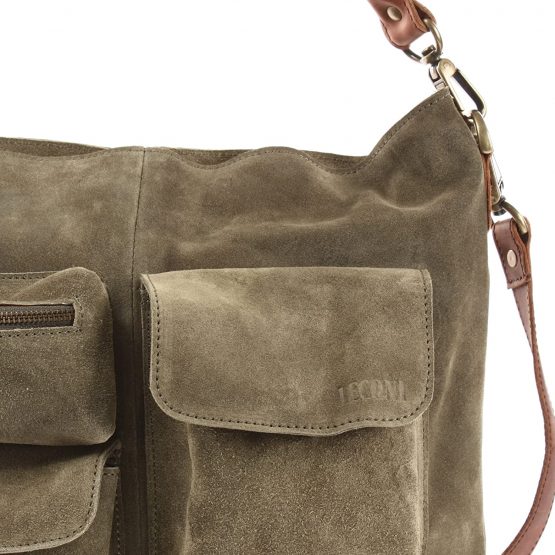 LECONI Shoulder Bag Vintage-Look Cow Suede + Leather Cross-Body Shopper Women Tote Handbag 41x32x10cm green LE0039-V - Image 2