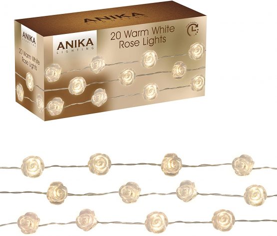 Anika 20 Acrylic White Roses with Warm Battery Operated Timer LED String Lights