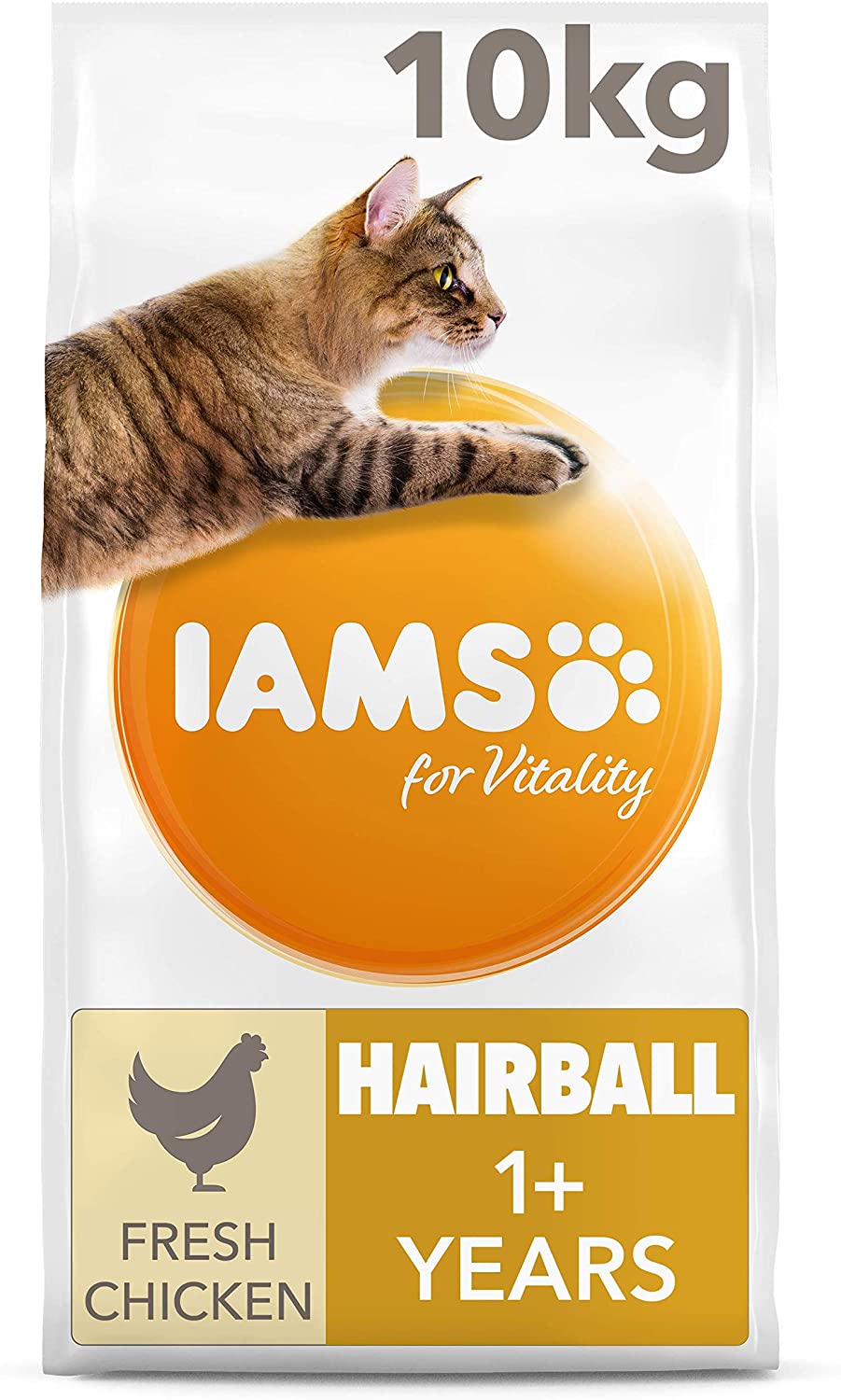 IAMS Hairball Complete Dry Cat Food Chicken 10kg - Significantly Reduces Hairball Formation, Transparent, 10 kg (Pack of 1)