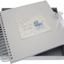 White Cotton Cards New Grandson Card/Memory Book (Blue Pram and Bunting)