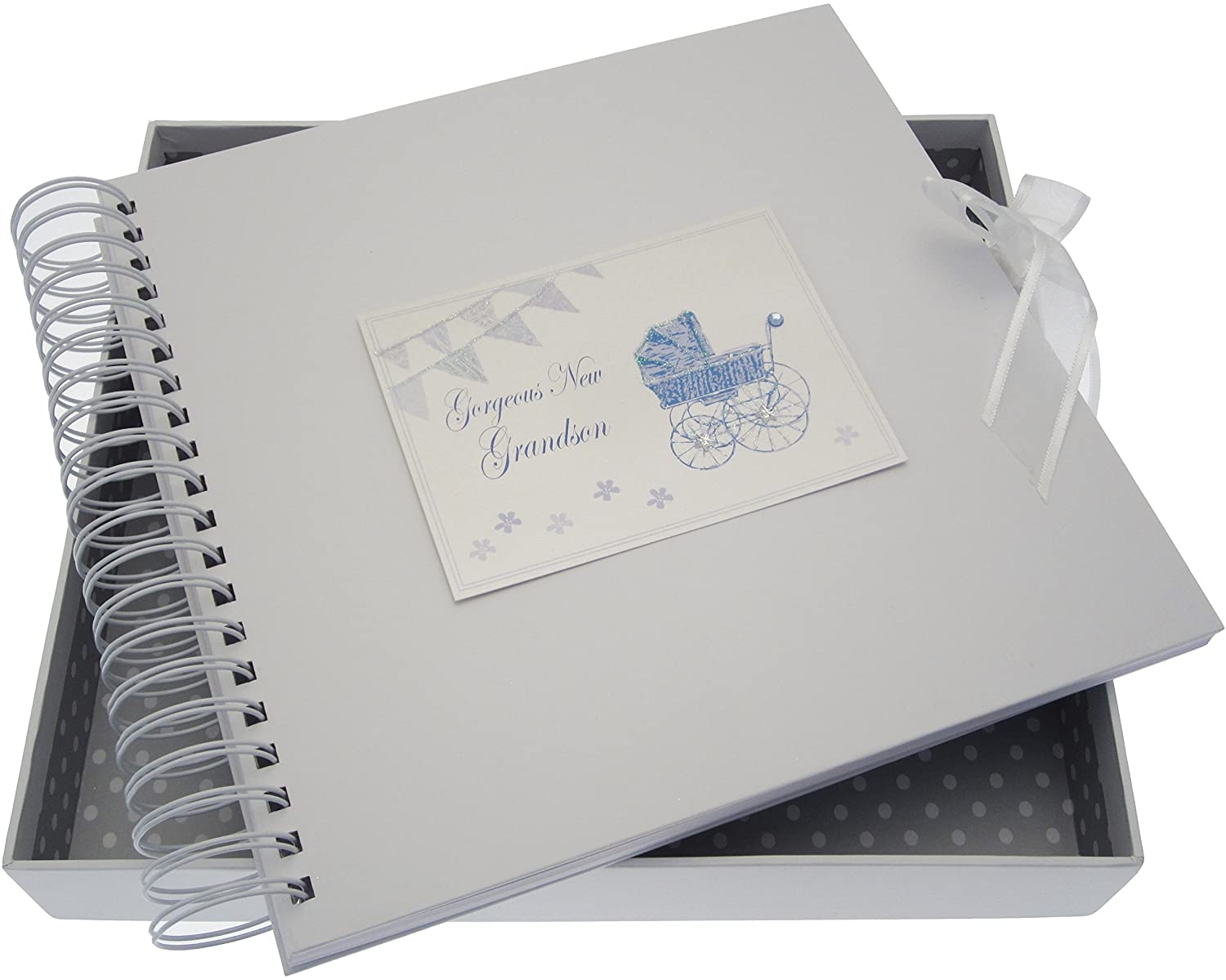 White Cotton Cards New Grandson Card/Memory Book (Blue Pram and Bunting)