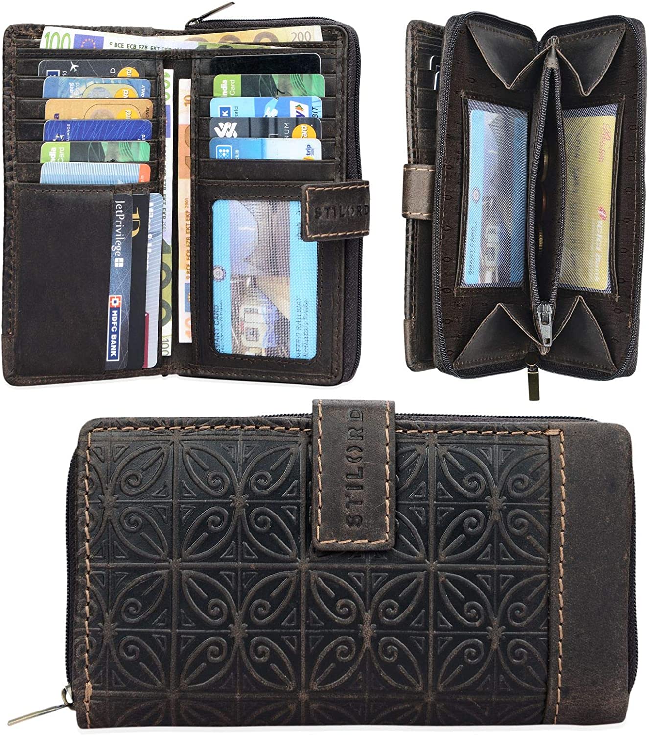 STILORD 'Greta' Vintage Leather Purse Wallet with Flower Embossment with Coin Storage 13 EC-Cards Horizontal Cow Hide Leather - Image 2