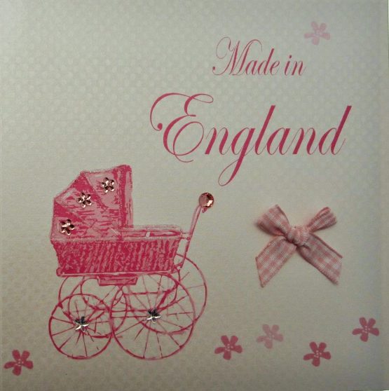 WHITE COTTON CARDS Made in England Handmade New Baby Town Card with Pink Pram
