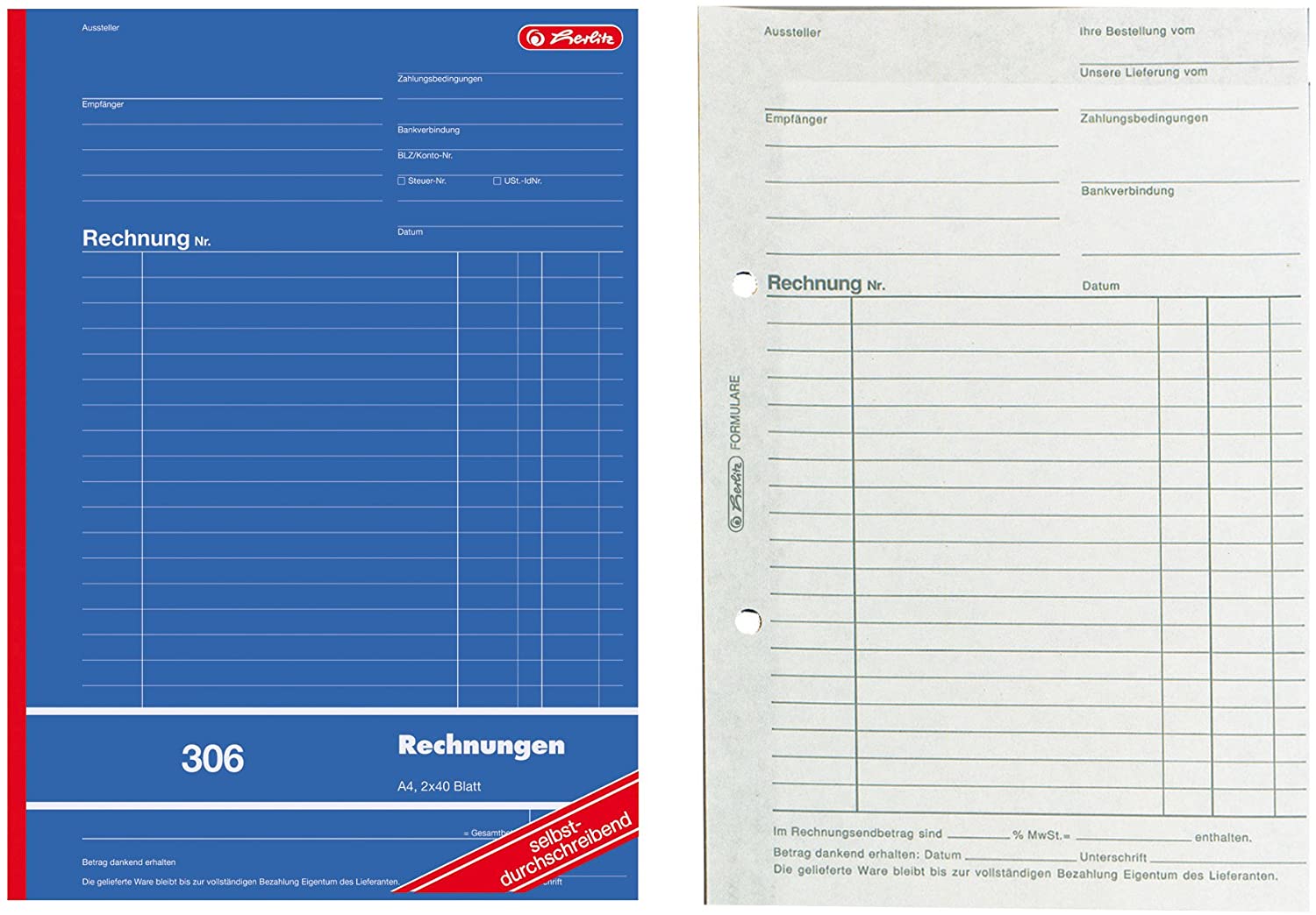 Herlitz Account Book, 1x2 sets of 40 sheets each, A4, Self-Copying, 80 sheets in total, Notebook, Weiss/opulenter Garten