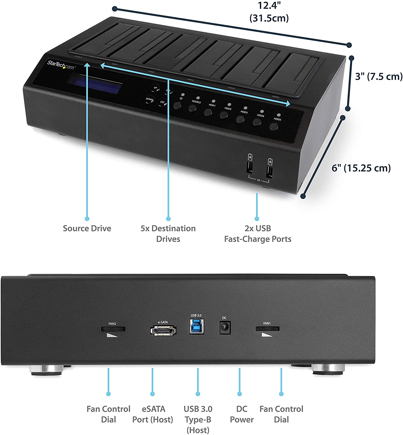 StarTech 6 Bay USB 3.0/ eSATA Duplicator and Eraser Dock for 2.5" & 3.5" SATA SSD HDD - 1:5 Standalone Cloner & Wiper Docking Station (SATDOCK5U3ER) - Image 3