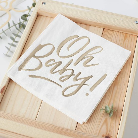 Ginger Ray Gold Foiled Oh Baby Shower Paper Party Sixteen Pack, White, Napkins 16pk