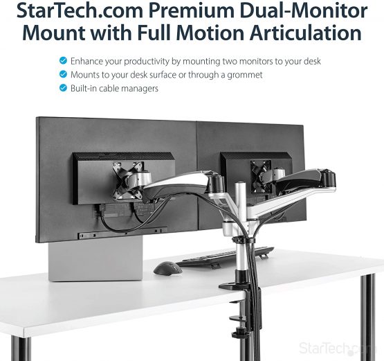 StarTech Desk Mount Dual Monitor Arm - Articulating - Supports VESA Monitors 12'' to 30'' - Adjustable - Grommet / Desk Mount - Premium - Silver (ARMDUAL30) - Image 2