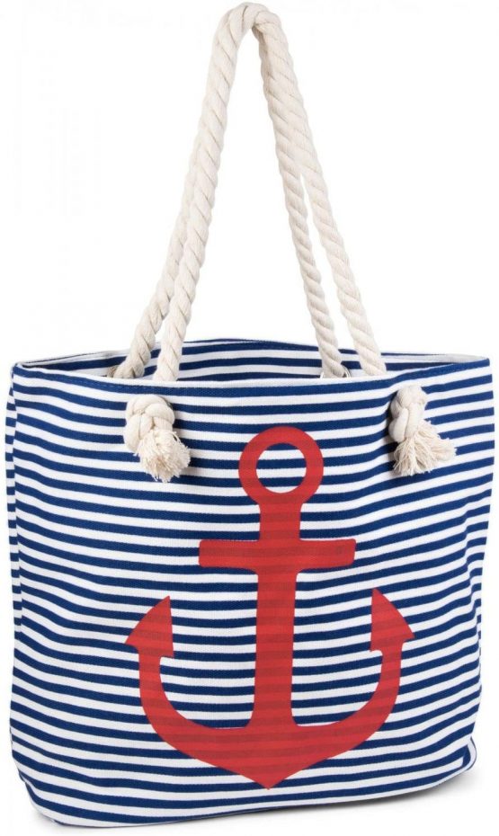 styleBREAKER Striped Look Beach Bag with Anchor, Sling Bag, Shopper, Women 02012038, Color:Blue-White/Red