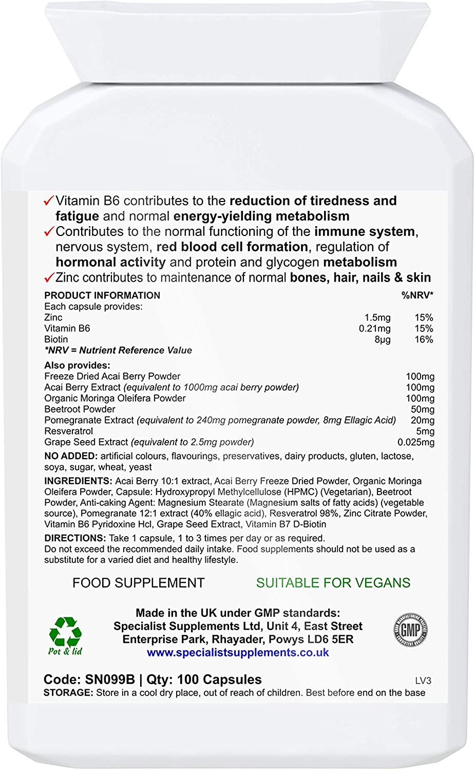 Specialist Supplements Acai Immuno Defence with Resveratrol, Vitamins and Minerals, 100 Capsules, Purple - Image 2