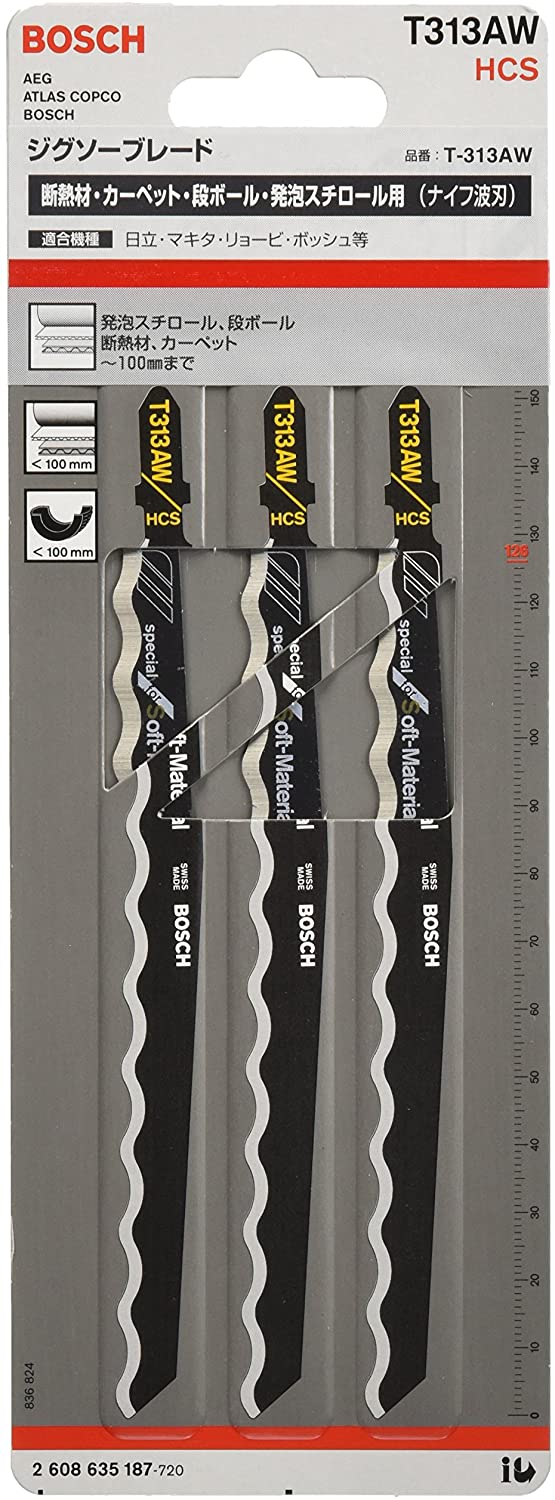 Bosch Accessories 2608635187 Jigsaw Blade T 313 AW, Black, Cardboard, Styrofoam, Carpet, Leather, Rubber