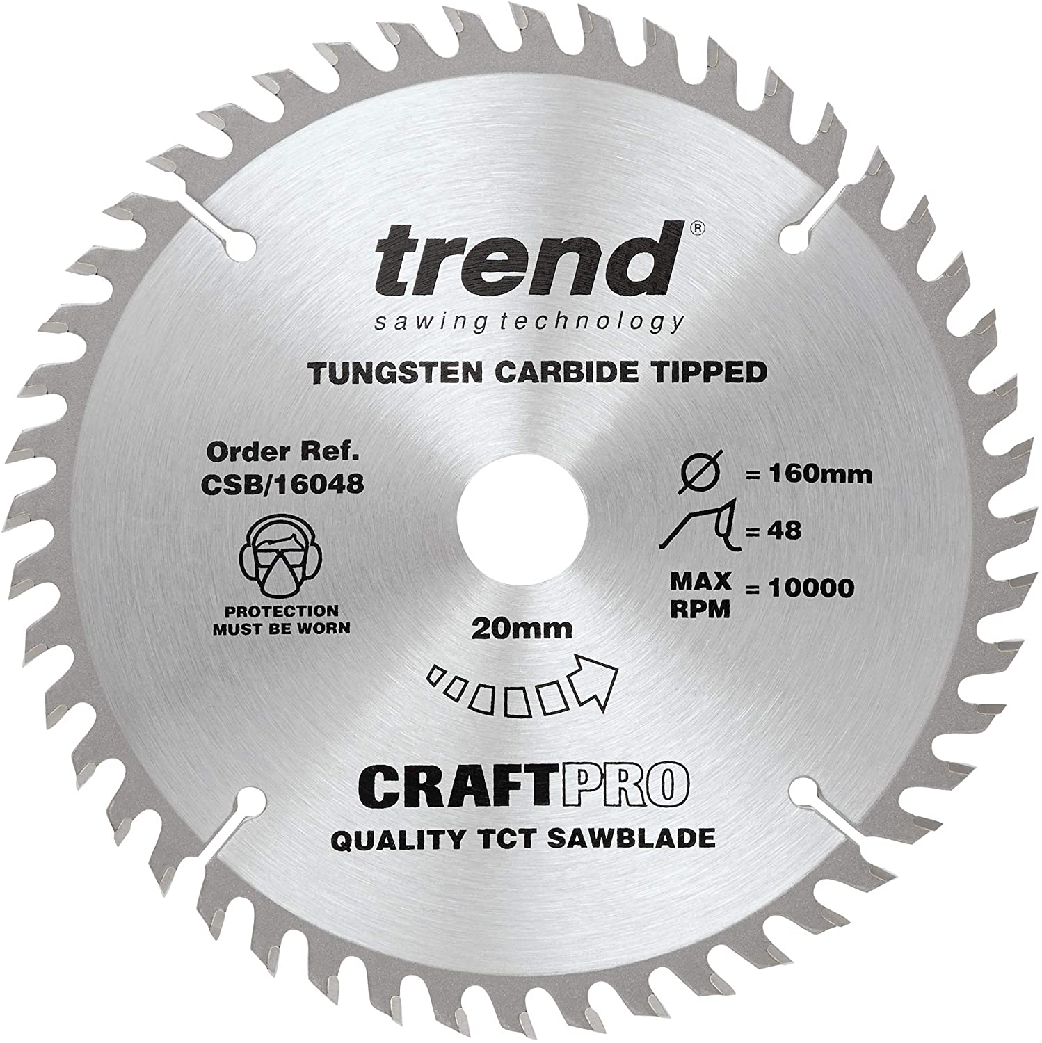 Trend Wood Circular Saw Blade, 160mm Diameter, 20mm Bore, 48 Teeth, 2.4mm Kerf, +5° Hook, TCT, Fine Finish, CSB/16048