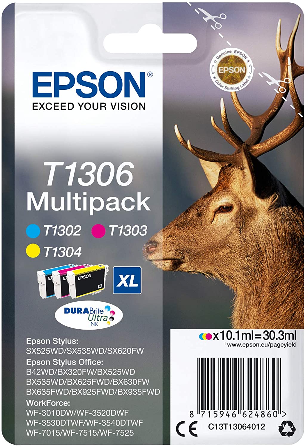 Epson T130640 Stylus SX525WD/SX620FW XL Pack of 3 Ink Cartridges, Multipack