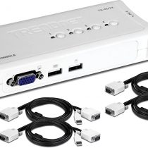 TRENDnet 4-Port USB KVM Switch Kit, VGA and USB Connections, 2048 x 1536 Resolution, Cabling Included, Control Up to 4 Computers, Compliant with Window, Linux, and Mac OS, White, TK-407K