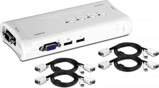 TRENDnet 4-Port USB KVM Switch Kit, VGA and USB Connections, 2048 x 1536 Resolution, Cabling Included, Control Up to 4 Computers, Compliant with Window, Linux, and Mac OS, White, TK-407K