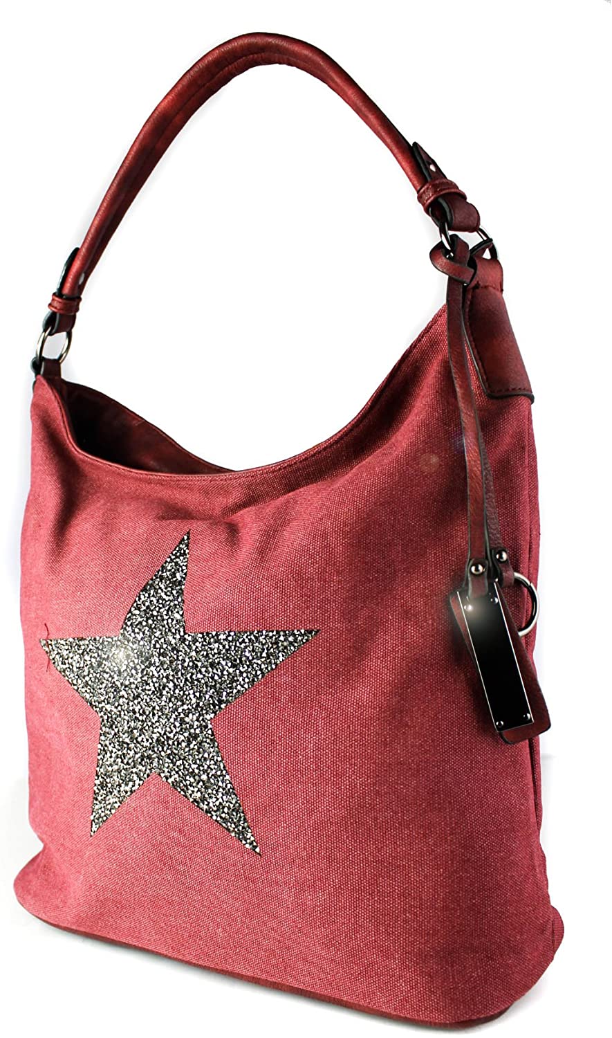 RedFox Sparking Rhinestone Embellished Star Canvas Shoulder Bag/Tote Shopper Large Size 35x30x14 cm, Red Dark Star