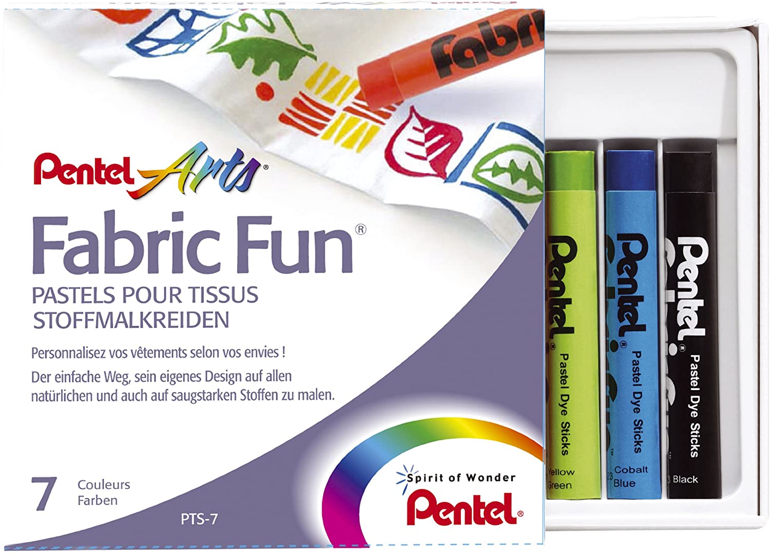 Pentel Fabric Fun Pastel Dye Stick (Pack of 7), Assorted Colors, PTS-7, multi-coloured, 7 count (Pack of 1)