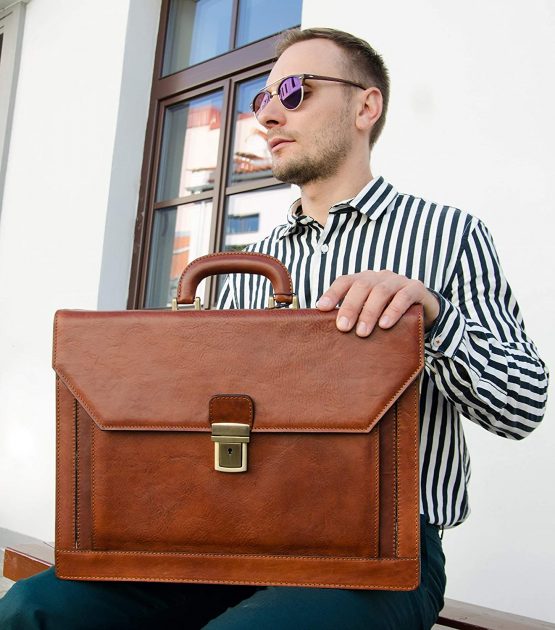 Leather Briefcase Shoulder Laptop Bag Business Attache Large Light Brown - Time Resistance - Image 2