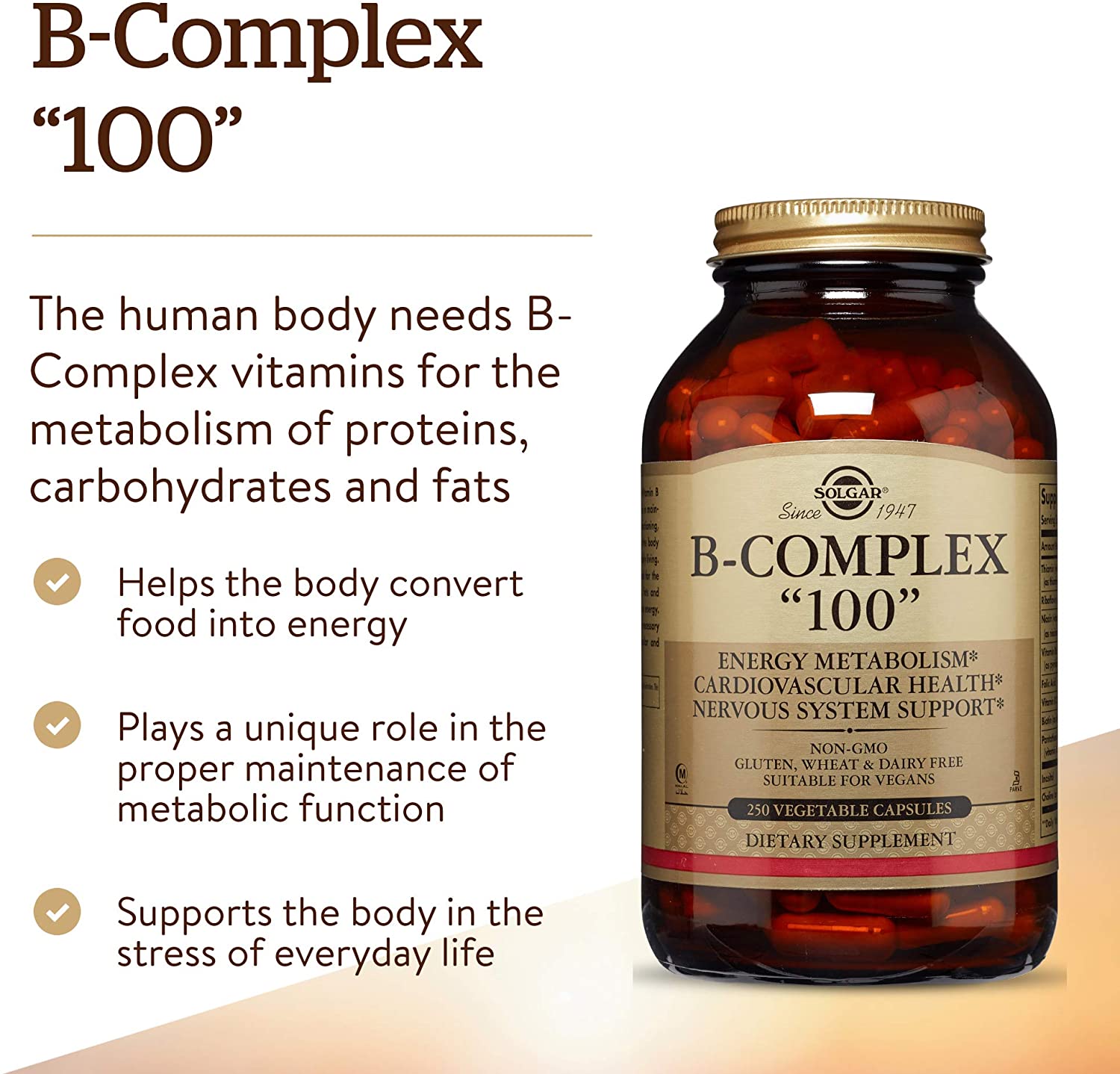 Solgar Vitamin B-Complex "100" Extra High Potency Vegetable Capsules, Pack of 250, Key Vitamin B Combination - Image 3