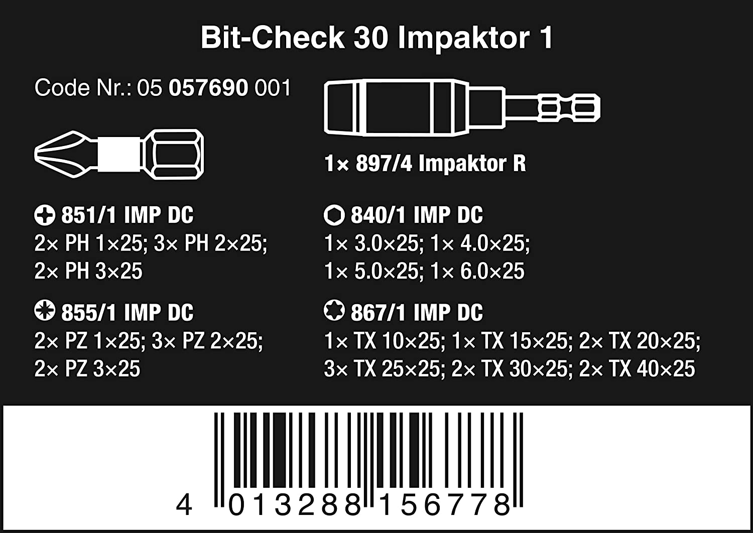 Wera 57690 Impaktor Assorted Bit Set, 30 Pieces, Multi-colour, 30-Piece - Image 2