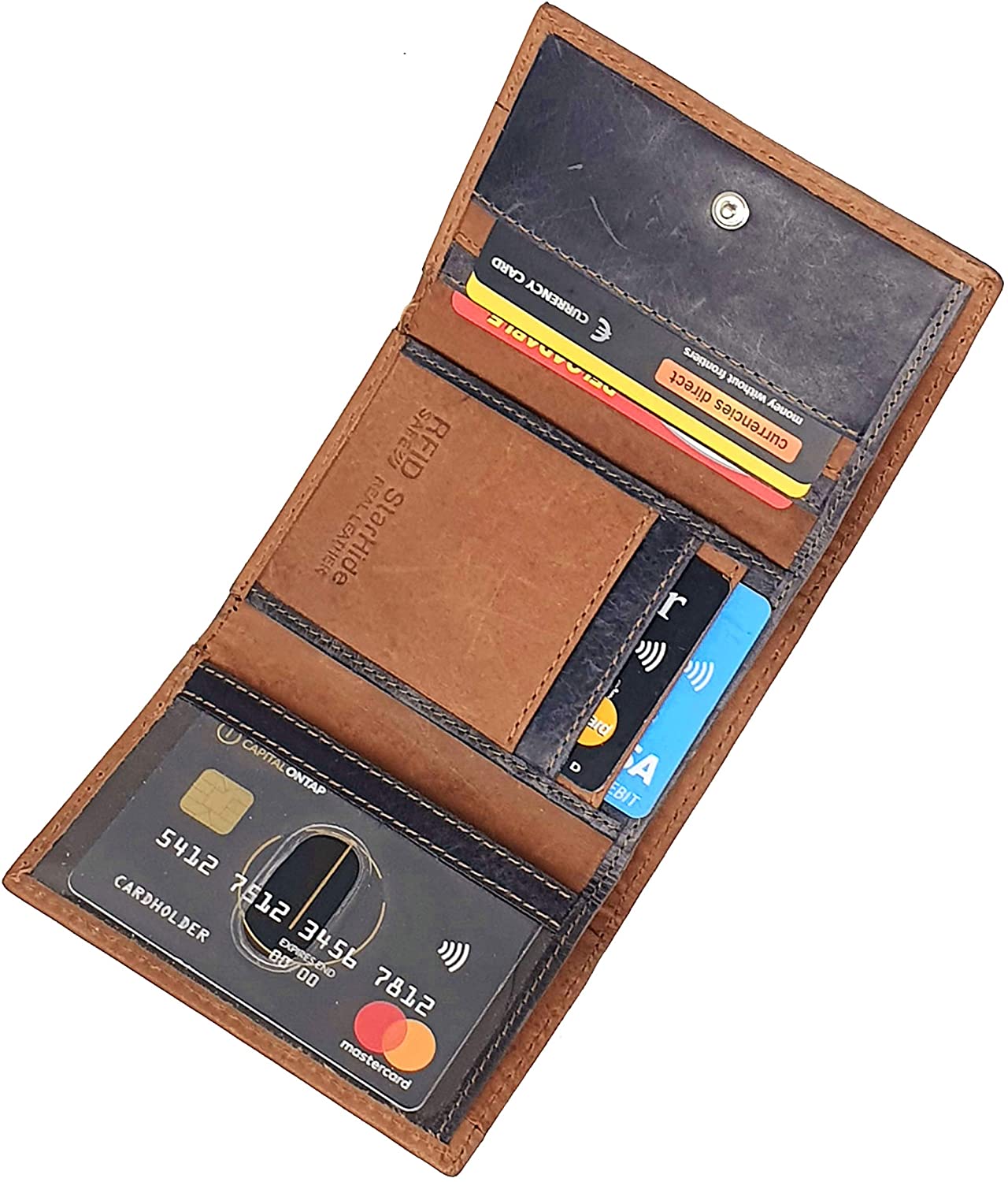 STARHIDE Mens RFID Blocking Trifold Distressed Hunter Leather and Canvas Wallet Credit Card Holder 805 Blue Brown - Image 4