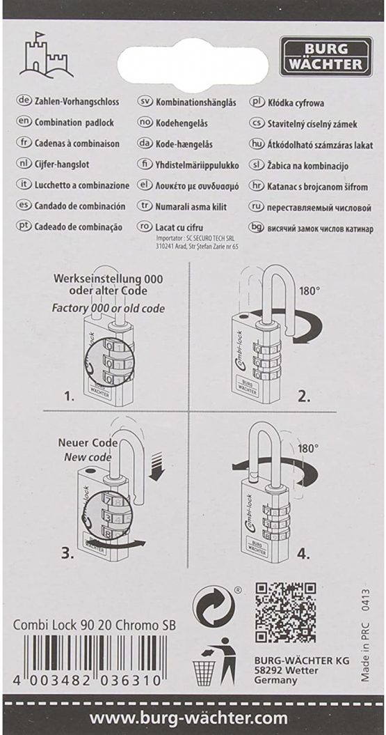 Burg-Wächter Combi 90 20 Chromo SB Combination Padlock, Silver - Image 4