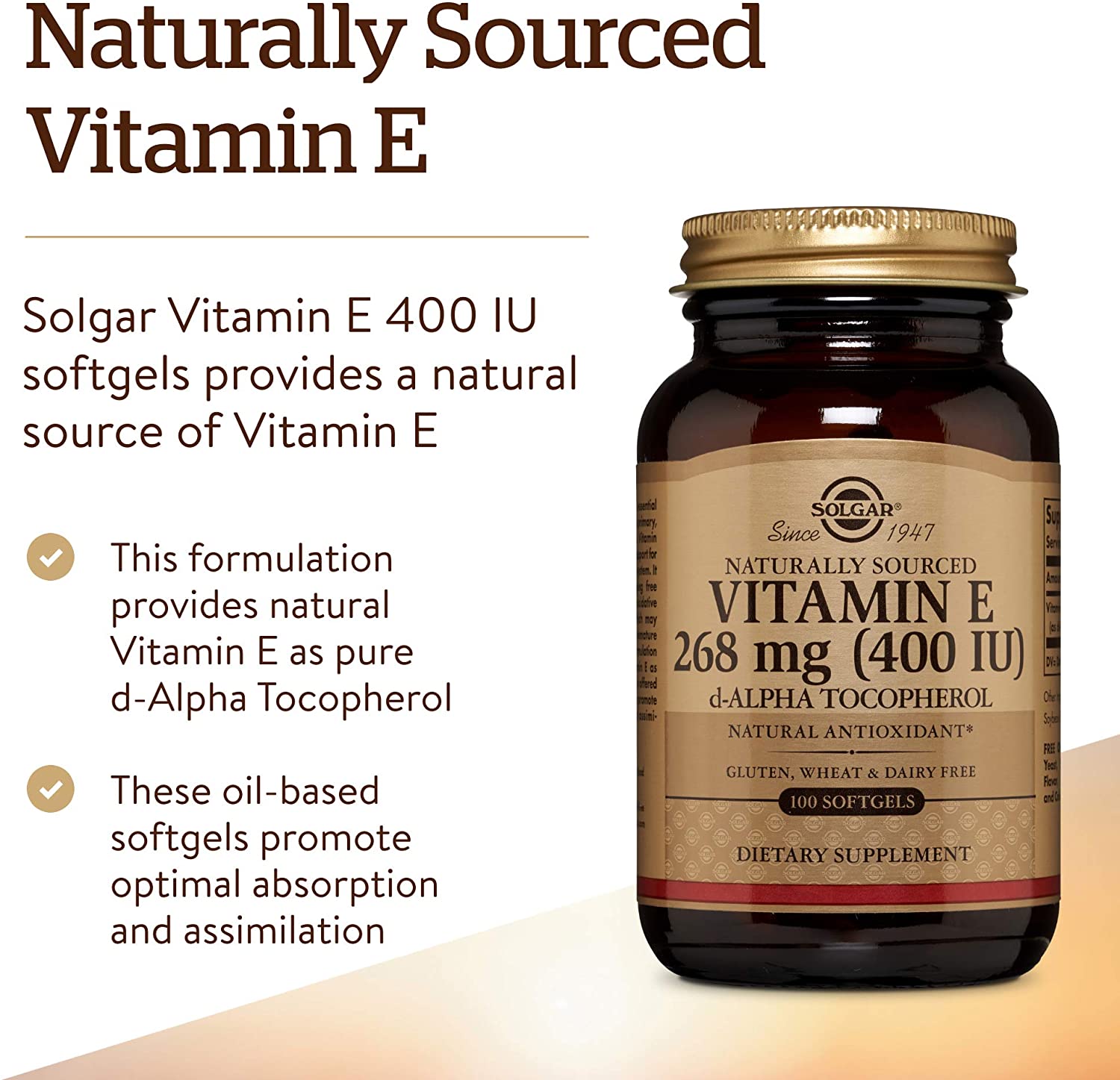 Solgar Natural Source Vitamin E 268 Milligram (400 IU) Softgels, Pack of 100, Protects Cells from Oxidative Stress - Image 3