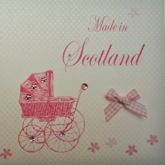 WHITE COTTON CARDS Made in Scotland Handmade New Baby Town Card with Pink Pram