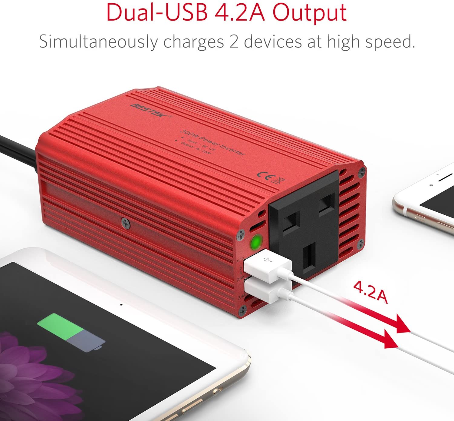 BESTEK 300W Power Inverter DC 12V to 230V AC Converter with AC Outlet and 4.8A Dual USB Car Charger, Red, MRI3013BU-UK - Image 2