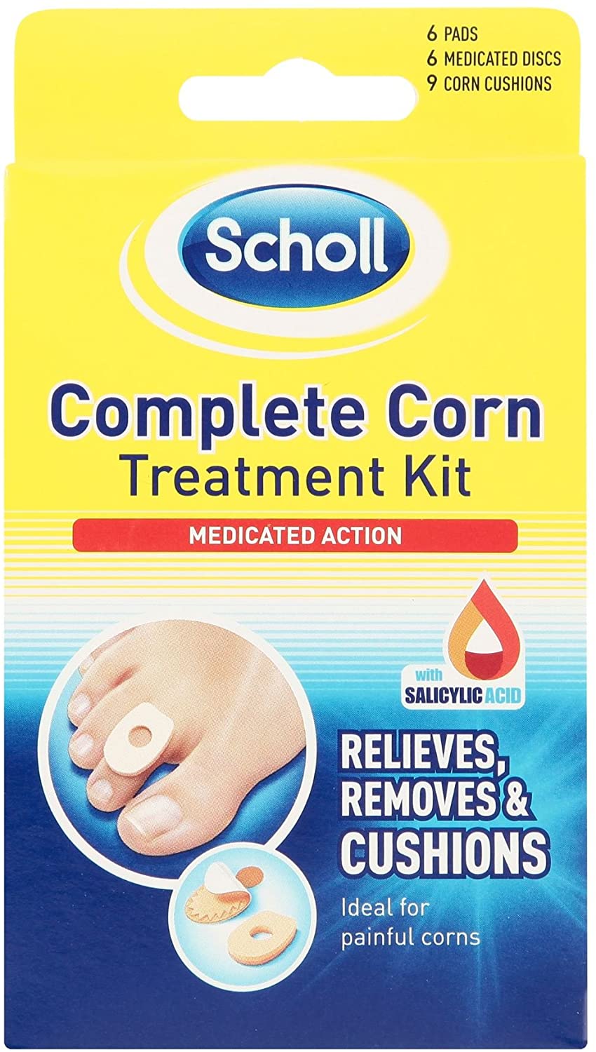 Scholl Complete Corn Removal Treatment Kit, 1 Pack, Medicated Action with Salicylic Acid, Includes 6 Pads, 6 Medicated Discs - Image 2