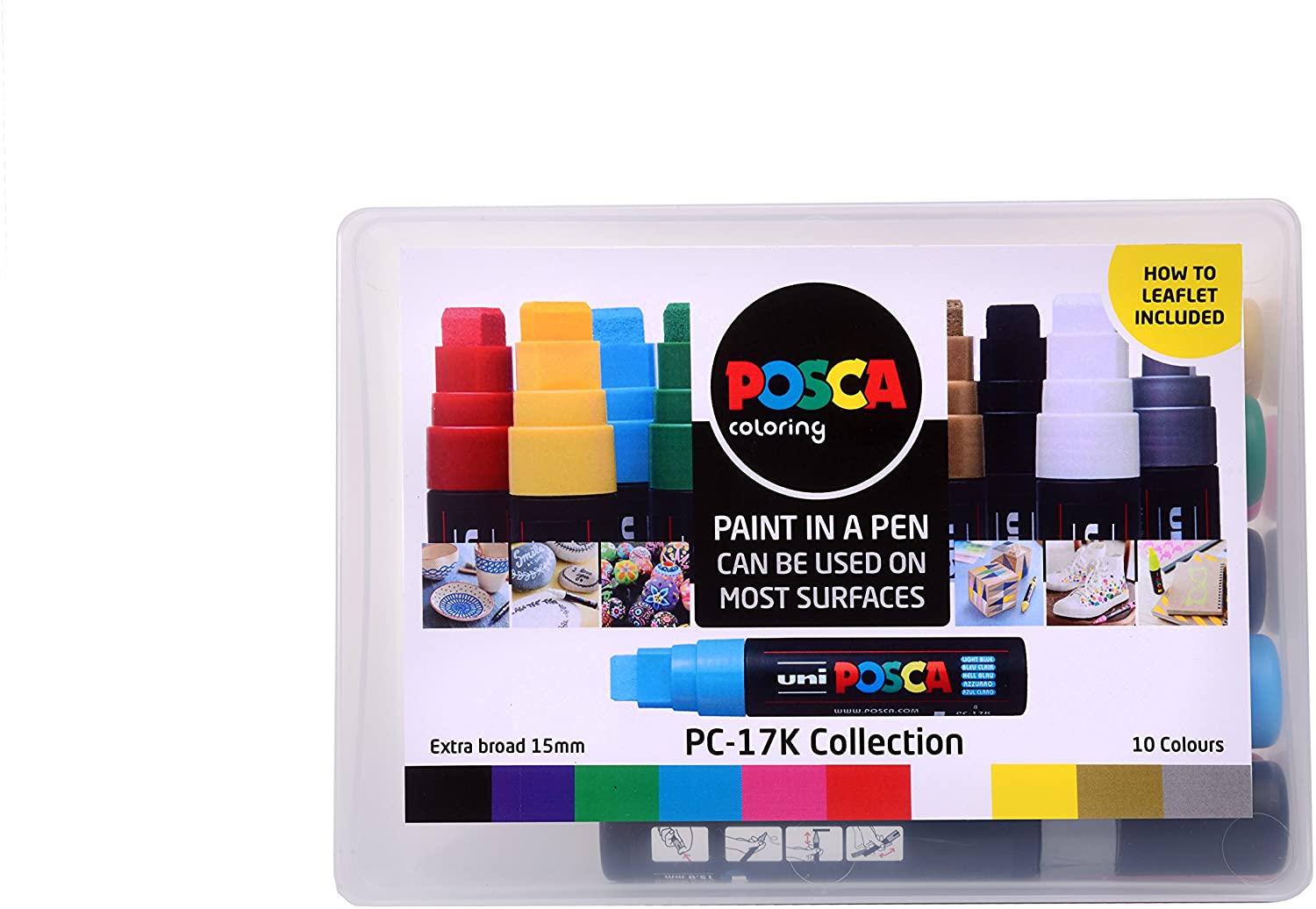 POSCA PC-17K Permanent Marker Paint Pens. Broad Chisel Tip for Art & Crafts. Multi Surface Use On Wood Metal Paper Canvas Cardboard Glass Fabric Ceramic Rock Pebble Stone Porcelain. Set of 10 Colours