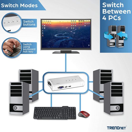 TRENDnet 4-Port USB KVM Switch Kit, VGA and USB Connections, 2048 x 1536 Resolution, Cabling Included, Control Up to 4 Computers, Compliant with Window, Linux, and Mac OS, White, TK-407K - Image 4