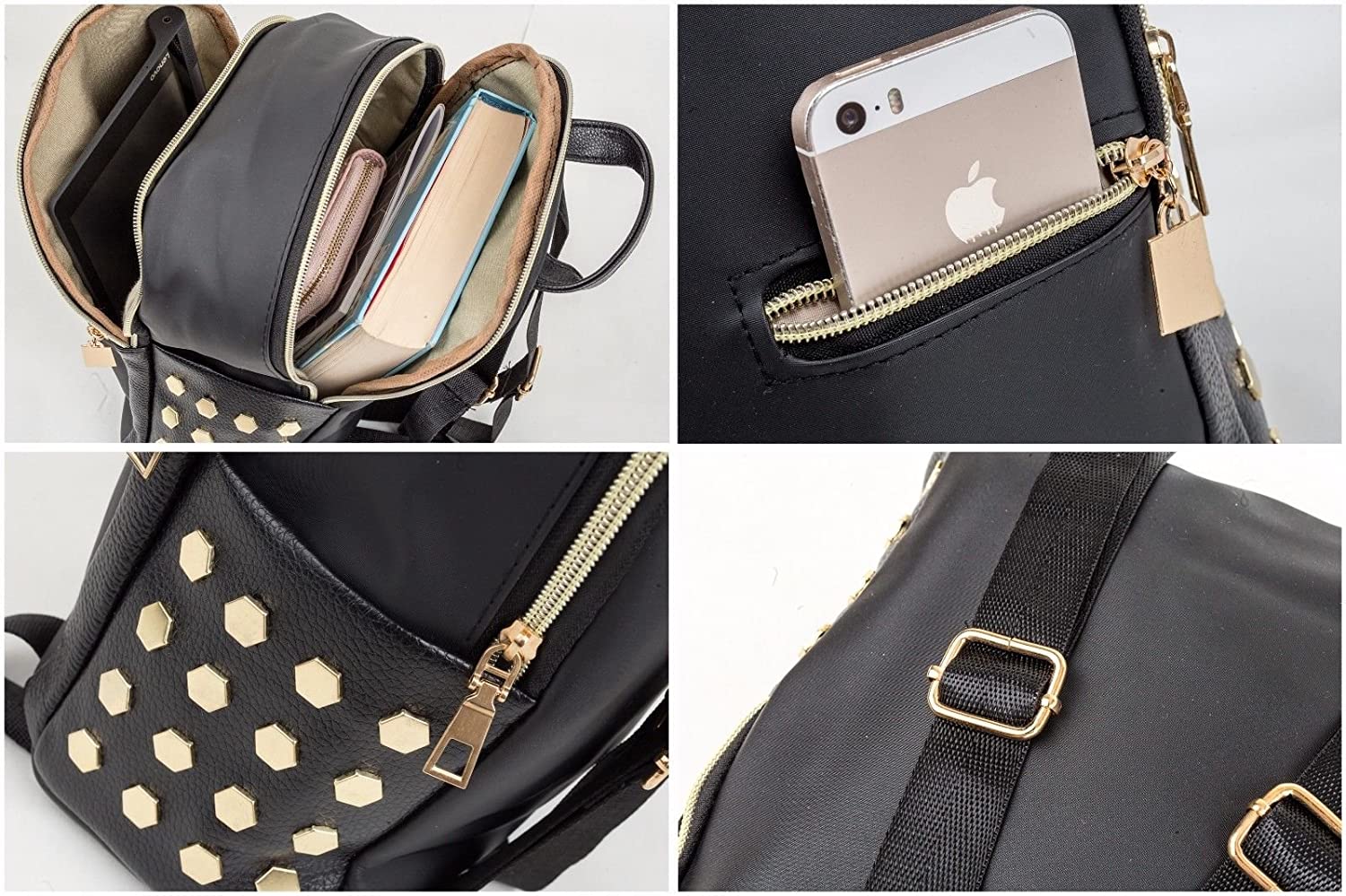 Emartbuy Black Fabric Studded Ladies Women Girls Backpack Fashion Shoulder Zip Bag Travel Rucksack - Gold Studs - Image 3