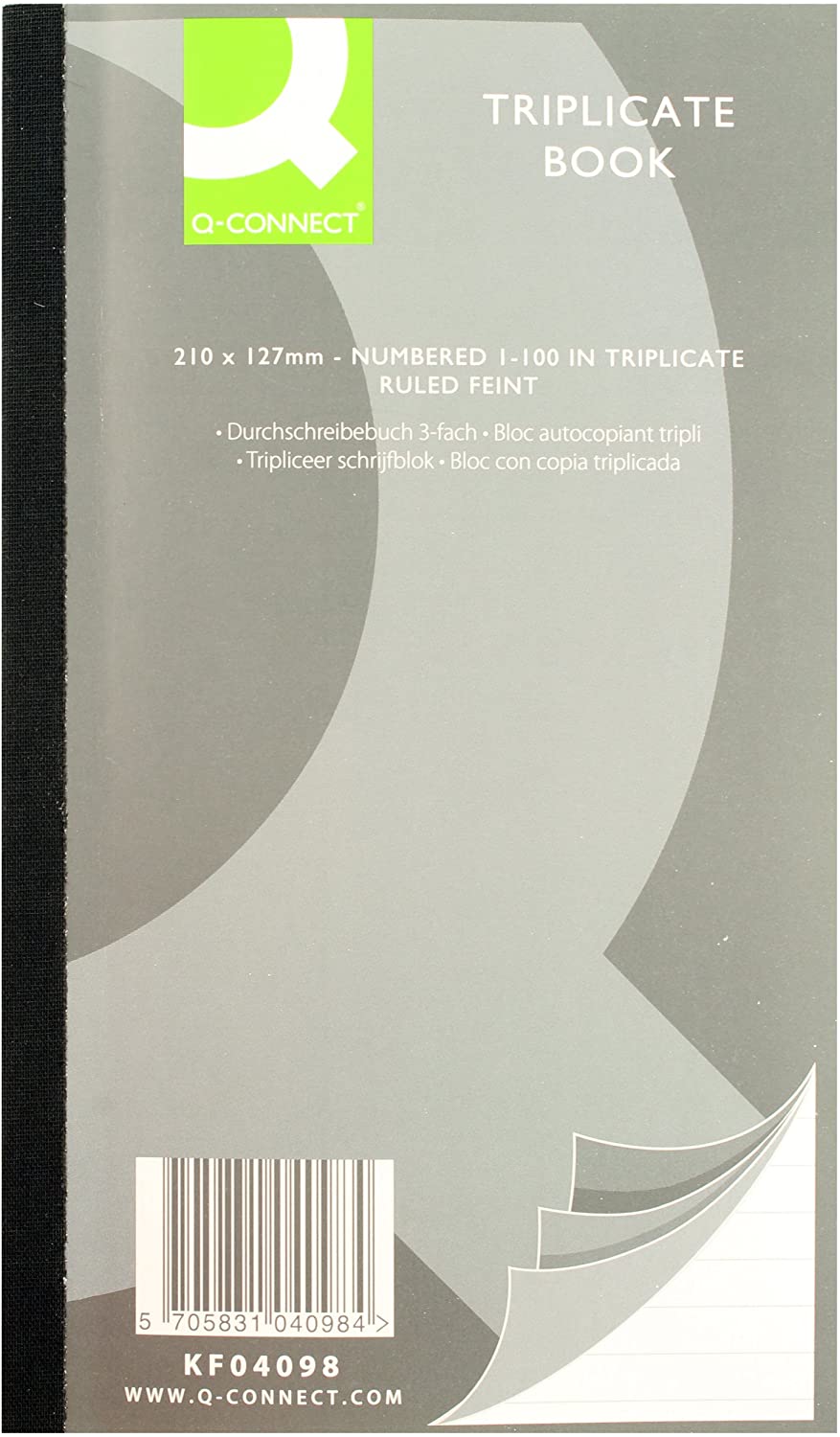 Q-Connect 8.2x5 inch Ruled Feint Triplicate Book, Grey, 8.2 x 5 Inches