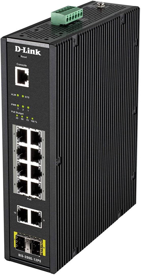 D-Link DIS-200G-12PS Industrial Switch 12 Ports 10 Gigabit 8 PoE 240W and 2 SFP for Extreme Conditions -40°C to 65°C ERPS, VLAN, QoS, IGMP, Link Aggregation Black