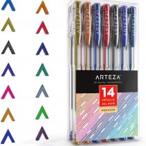 Arteza Metallic Gel Pens, Set of 14, 0.8-1.0 mm Tips, Bright and Vivid Colouring Pens, Art Supplies for Scrapbooking, Doodling, & Journaling