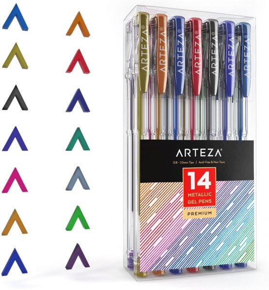 Arteza Metallic Gel Pens, Set of 14, 0.8-1.0 mm Tips, Bright and Vivid Colouring Pens, Art Supplies for Scrapbooking, Doodling, & Journaling